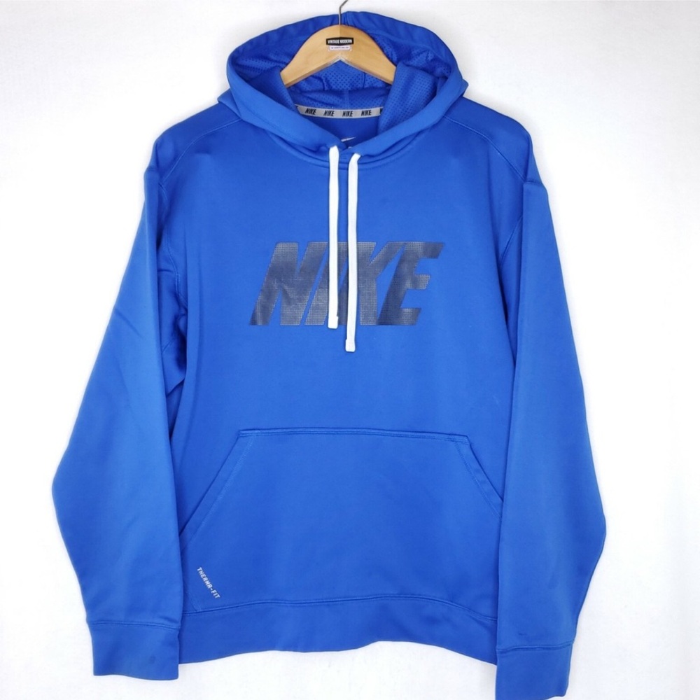 Nike Therma Fit Big Logo Spellout Hoodie Sweatshirt Gym Workout Blue Mens XL